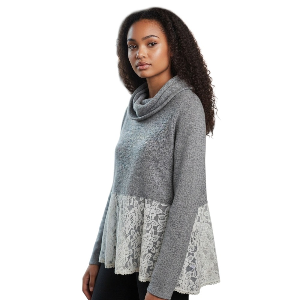 Knox‎ Rose Women Gray Cowl Neck Lace Trim Tunic Sweater Size M - Picture 8 of 8